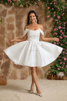 Gaun Pengantin Satin Model Ball Gown Off Shoulder dengan Ruched Bust Corset, Gaun Pengantin Custom Warna Ivory Satin