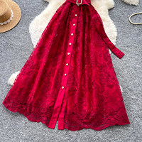 Robe élégante décontractée pour femme en dentelle à manches courtes, coupe trapèze, avec col à revers, ceinture et boutons, idéale pour les fêtes et le quotidien