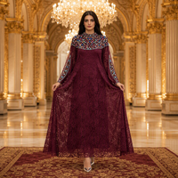 Robe de soirée caftan à sequins, ornée de dentelle florale 3D perlée, manches cape fendues, col montant, pour femmes musulmanes