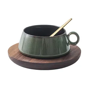 Reaktif sır 10oz porselen çay kahve fincanı ahşap tabak metal kaşık ile