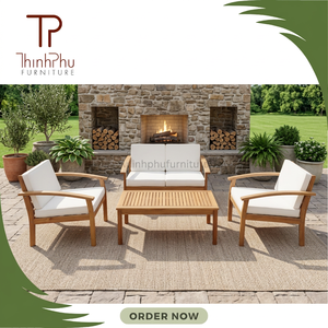 Contemporary Outdoor Wood <b>Sofa</b> Set with White Cushions for Garden Patio Furniture - Product Image 4