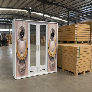 <span class=keywords><strong>Armoire</strong></span> <span class=keywords><strong>coulissante</strong></span> moderne imprimée avec portes vitrées, tiroirs, tringles de suspension et étagères pour chambre à coucher, en acier - Product Image 1