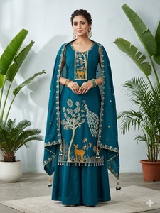 Wholesale Indian Ethnic Wear Designer Embroidered Kurta Palazzo Dupatta Set Women 3 Piece Suit Peacock Handwork Party Wear - Product Image 5
