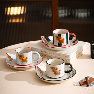 Set di tazze e piattini in ceramica per cuccioli dipinti a mano, adorabile tazza larga per <span class=keywords><strong>caffè</strong></span> e tè pomeridiano - Product Image 1