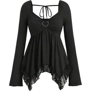 Haut en tricot asymétrique à manches longues pour femme, style peplum, col cœur, dentelle, coupe babydoll - Product Image 1