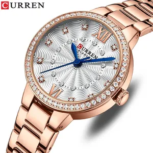 CURREN jam tangan 2024 wanita, arloji mode Stainless Steel berlian imitasi gelang baja kreatif untuk perempuan 9085