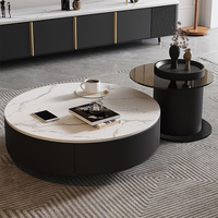 Table Basse Ronde Simple en Dalle de Roche, Table Centrale avec Base en Acier Inoxydable et Tiroir, Combinaison de Table d'Appoint en Verre pour Hôtel et Salon