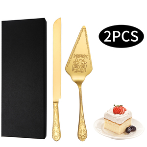 Spatula pisau kue pernikahan besi tahan karat emas mewah 18/10 Set 2 buah pisau pemotong kue piring Pie untuk tas OPP - Product Image 1