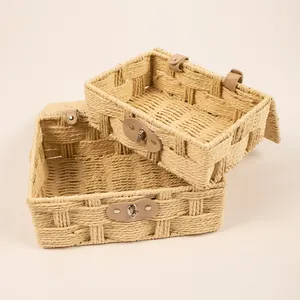JY Storage Round Paper Rope Storage Baskets Rectangular Wicker Baskets With Built-in Handles Iron Frame Basket