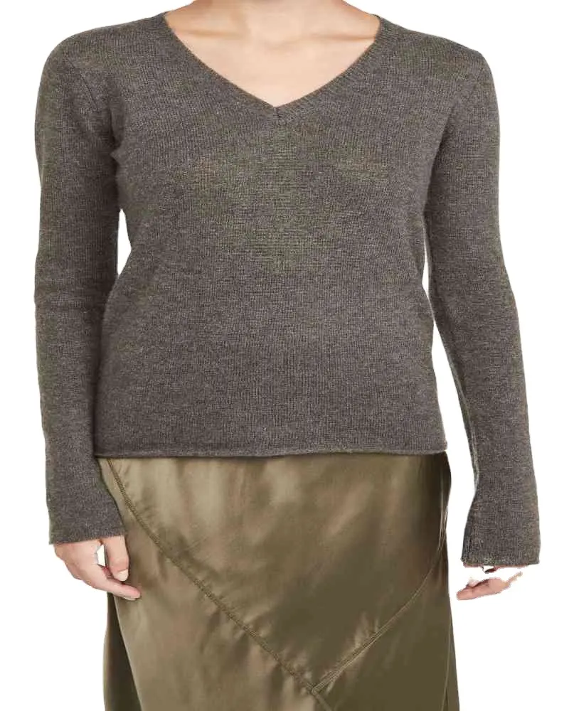 Sweater Pullover Wanita, Sweater Pullover Kasmir Lengan Panjang Leher V, Sweater Wol Murni Musim Gugur dan Musim Dingin untuk Perempuan