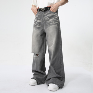 Su misura 2025 estate nuova moda maschile Vintage slavato diritto a <span class=keywords><strong>gamba</strong></span> <span class=keywords><strong>larga</strong></span> ampio <span class=keywords><strong>Jeans</strong></span> lunghi fino al pavimento tessuto grigio Denim - Product Image 2