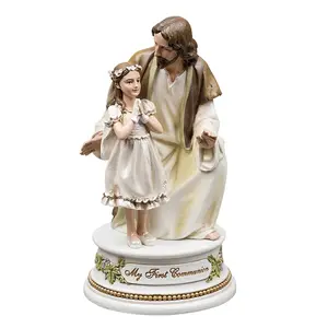 树脂女孩我的第一个圣餐年轻女孩与耶稣 7 英寸树脂石音乐雕像播放主的祈祷