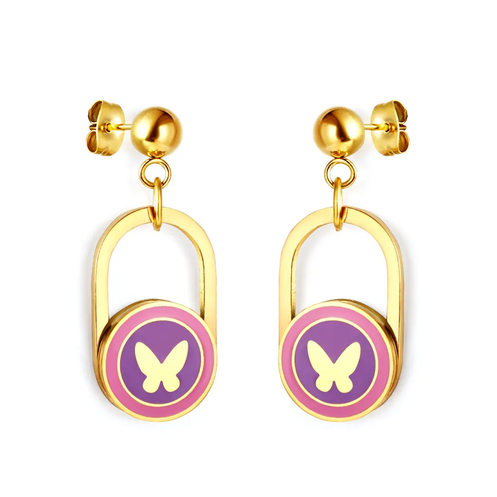 Fashion Jewelry Manufacturer 18K Gold Plated Long Blue Pink Women Girls Stainless Steel Butterfly Earrings
