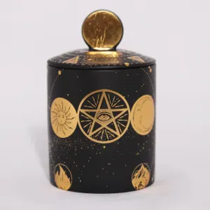 C&H Wholesale Pentacle Candle Jar Glossy Black Porcelain Luxury Ceramic Candle Jar With Lids