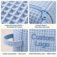 Bolsa de Maquillaje de Algodón Tipo Waffle Rosa Pálido con Logotipo Personalizado, Bolsa de Aseo de Viaje de Gran Capacidad para Mujer, Bolsa de Lavado Portátil al por Mayor