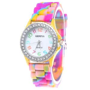 Woman Watches Fashion Causal Geneva Rainbow Crystal Rhinestone Digital Watch Silicone Band Round Girl Student Quartz Clock
