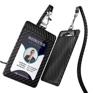 Carbon Fiber Textured Leather ID Card Holder Dual Slot With Lanyard Badge Holder For Work Permit <b>Name</b> <b>Tag</b> - Product Image 1