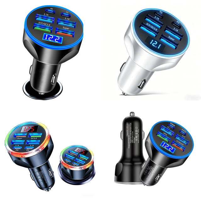Trending Products 2026 New Arrivals 6 in 1 USB Car Charger with Voltage Display 2 Type C 4 USB a Multi Port Fast Charging