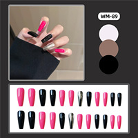 Faux ongles longs forme cercueil noir, rose vif, argenté, à presser, effet miroir brillant, couvrance totale, en acrylique, pour femmes, fournitures pour ongles