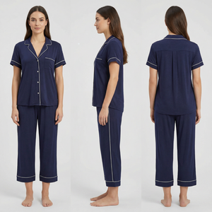 SUHE Conjunto de Pijama Capri de Manga Corta para Mujer, de Modal, con Botones, Cuello Solapa, Top y Pantalones, Dos Piezas, Ropa de Dormir y Descanso - Product Image 4