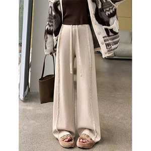 Nhà Máy Bán Buôn Side Fringe Dệt Kim Rộng Quần Chân Cao Eo Dày Giản Dị Quần Cho Phụ Nữ - Product Image 2