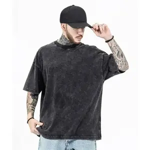 Toptan ağır 260Gsm kalın boy sokak Hip Hop pamuklu t-shirt Vintage özel boy asit yıkanmış erkek T shirt