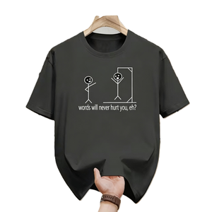 T-shirt con scritta 'Hangman Game Words Will Never <span class=keywords><strong>Hurt</strong></span> You', umorismo nero, personaggio a stick figure, sarcastico - Product Image 5