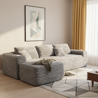 Canapé d'angle modulaire en velours côtelé gris moderne en forme de L, trois places, avec emballage sous vide, idéal pour appartement et hôtel, livré en boîte
