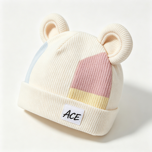 Lindo Gorro de Punto para Bebé con Orejas de Oso, Diseño de Bloques de Color, Acanalado, Suave y Elástico, 100% Acrílico, Marca ACE, Primavera, Otoño, Viajes - Product Image 6