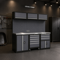 Organisateur d'atelier pour garage à domicile : Armoires supérieures, coffre à outils, tiroirs verrouillables, table en acier avec panneau perforé et éclairage LED – Ensemble complet