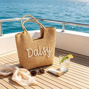 Sac fourre-tout de plage personnalisé en paille tressée à la main avec patch en chenille couleur unie pour voyage entre filles, enterrement de vie de jeune fille, demoiselle d'honneur - Product Image 5