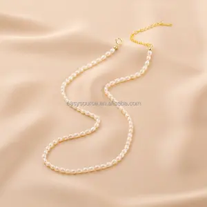 RE4947 kalung Choker mutiara air tawar alami wanita kalung Ricepearl Mini perhiasan modis sederhana