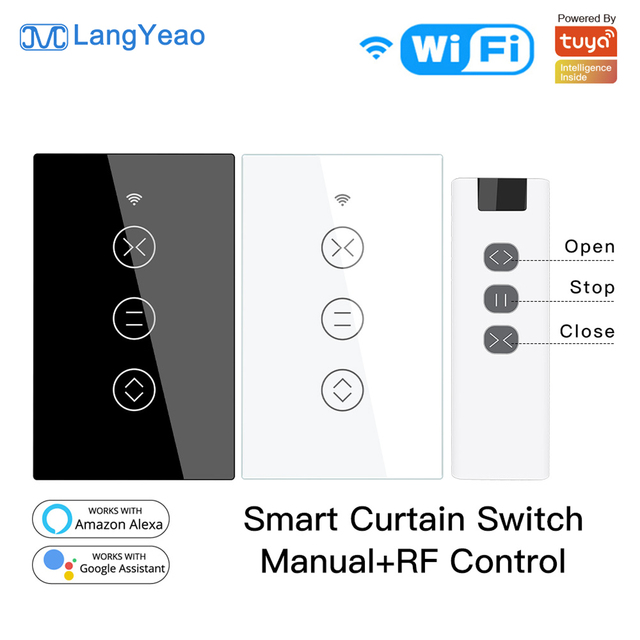 LangYeao Zigbee WiFi Smart Curtain Switch US Standard 600W Touch Glass Panel for Roller Blinds Works with Tuya Alexa Google Home