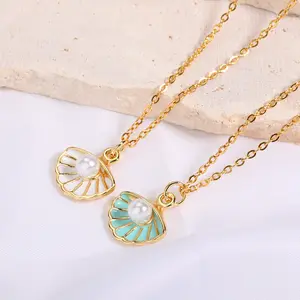 Go Party Dainty Oil Drop Enamel Shell Pearl 18K Gold Plated Pendant Necklace For Women Girls Seashell Ocean Beach Summer Jewelry