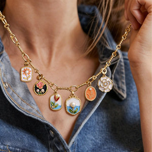 Flower Pendant Necklace 16.2x31mm Gold Plated With Pearl Blue Enamel Women's Jewelry Gift - Product Image 5