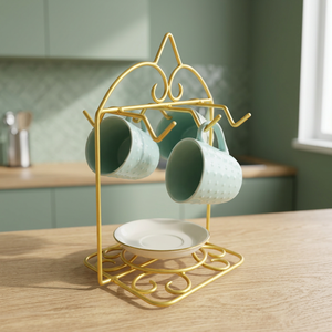 Support à tasses en métal en forme d'arche avec plateau à vaisselle, type sur pied, rangement de cuisine moderne pour vaisselle, design durable, finition dorée - Product Image 4
