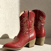 Bottes mi-mollet western pour femme, à bout pointu, à talon bloc empilé, brodées, rouges, pour l'automne, les soirées et le style country, OEM ODM
