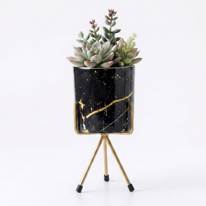 Pot de fleurs en métal aspect marbre noir avec support, pour plantes succulentes, décoration intérieure/extérieure, fait main, personnalisé - Product Image 1