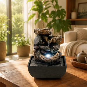 Fontaine d'eau de table en résine, statue de Bouddha priant, cascade de roches empilées, lumière LED pour un style zen, intérieur, maison, bureau - Product Image 6