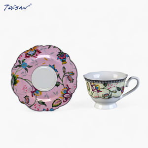 中国风优雅的花朵粉色和黄油黄色180cc陶瓷新骨瓷杯碟套装，用于派对茶和咖啡 - Product Image 1