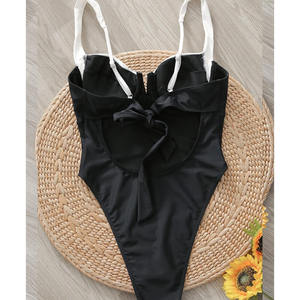 <span class=keywords><strong>Maillot</strong></span> <span class=keywords><strong>de</strong></span> <span class=keywords><strong>bain</strong></span> une pièce pour femmes, avec bordure contrastée, encolure en V, dos noué, bretelles réglables, coupe haute, pour la plage en été - Product Image 5