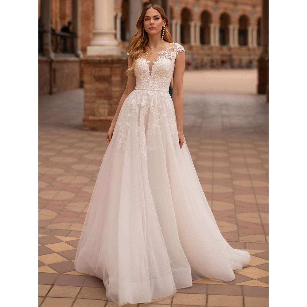 13145 Elegant A-line Wedding Dress With Cap Sleeves, Illusion Back & Sweep Train