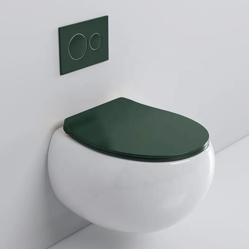 Toilettes modernes suspendues au mur, deux couleurs, blanc et vert, toilettes en céramique, une pièce