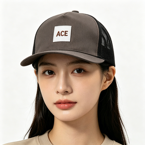 Two Tone Brown Front Fabric Black Mesh Back Character Y2K Trucker <b>Cap</b> Custom Leather Patch Logo Curved Brim 5 Panel Baseball <b>Hat</b> - Product Image 1