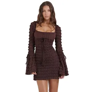Sexy Square neck low cut flared sleeves tight Skirt Ruffled Brown Skirt Summer Sexy Womens Bodycon Dresses