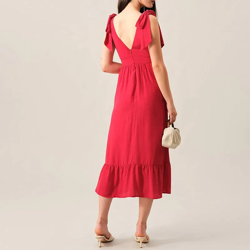 2023 Summer Manufacturer Fashion Hot Sale women's solid color Tie Strap Deep V Neck Maxi Dress