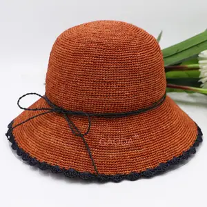 J chapéus de praia grandes de palha de ráfia para mulheres com aba de flor laranja