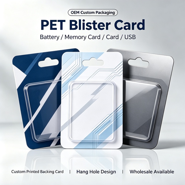 OEM PET Blister Card for Battery Memory Card USB with Custom Printed Backing Card Hang Hole Wholesale