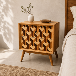 Table de chevet en bois massif Mozaik à deux tiroirs - Meuble de chambre pratique et décoratif pour appartement - Product Image 4