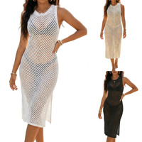Robe longue maxi sexy en maille 100 % polyester pour femme, coupe ajustée, sans manches, avec fentes latérales et motif losanges ajouré, idéale pour la plage (vente en gros)